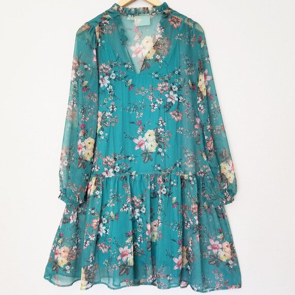 Anthropologie Maeve Emmy Teal Green Floral Tunic Dress S Sheer Chiffon Slip $158 - Picture 6 of 16